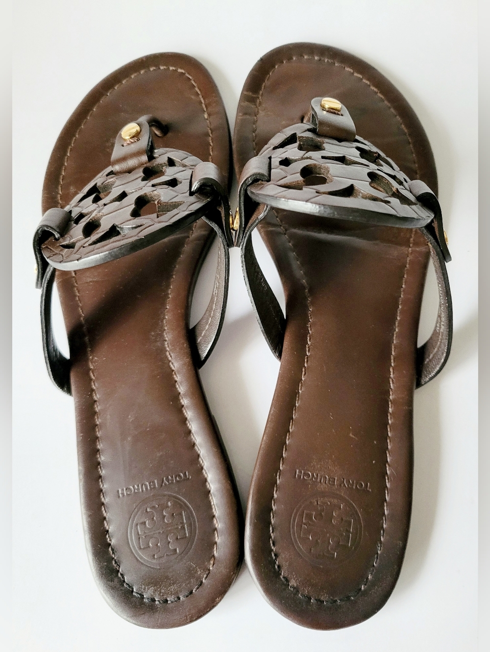 Tory Burch Miller Brown Chocolate Leather Logo Thong Sandals US 8.5 - Picture 11 of 16